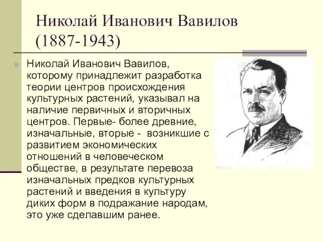 Николай Иванович Вавилов (1887-1943) Николай Иванович Вавилов, которому принадлежит разработка