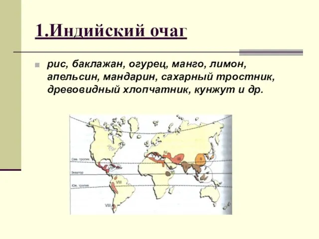 1.Индийский очаг рис, баклажан, огурец, манго, лимон, апельсин, мандарин, сахарный тростник, древовидный хлопчатник, кунжут и др.