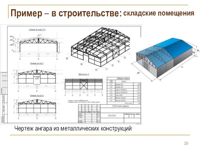 Пример – в строительстве: Чертеж ангара из металлических конструкций складские помещения