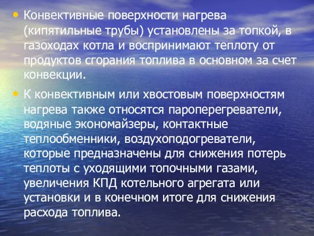 Конвективные поверхности нагрева (кипятильные трубы) установлены за топкой, в газоходах