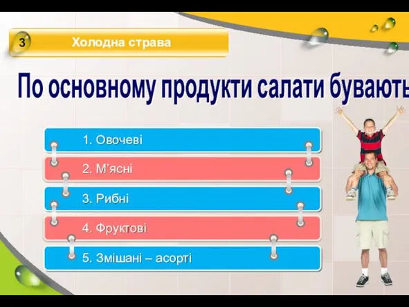 1. Овочеві 2. М’ясні 3. Рибні 4. Фруктові 5. Змішані