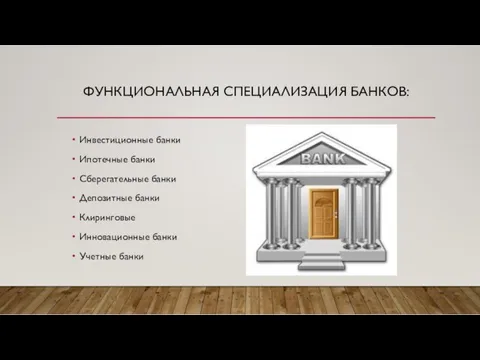 ФУНКЦИОНАЛЬНАЯ СПЕЦИАЛИЗАЦИЯ БАНКОВ: Инвестиционные банки Ипотечные банки Сберегательные банки Депозитные банки Клиринговые Инновационные банки Учетные банки