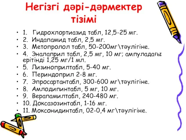 Негізгі дәрі-дәрмектер тізімі 1. Гидрохлортиазид табл, 12,5-25 мг. 2. Индапамид