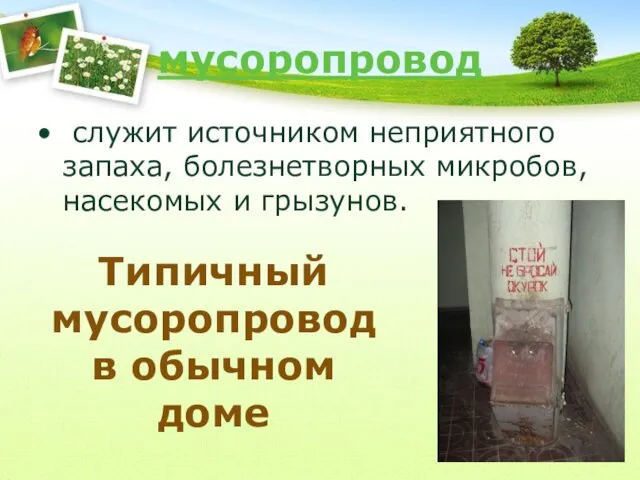 мусоропровод служит источником неприятного запаха, болезнетворных микробов, насекомых и грызунов. Типичный мусоропровод в обычном доме