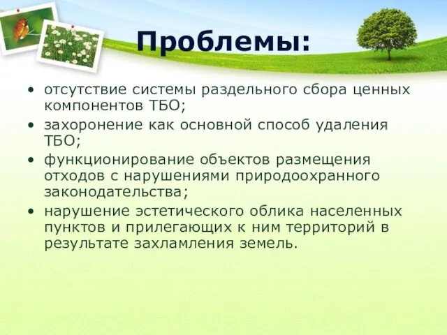 Проблемы: отсутствие системы раздельного сбора ценных компонентов ТБО; захоронение как