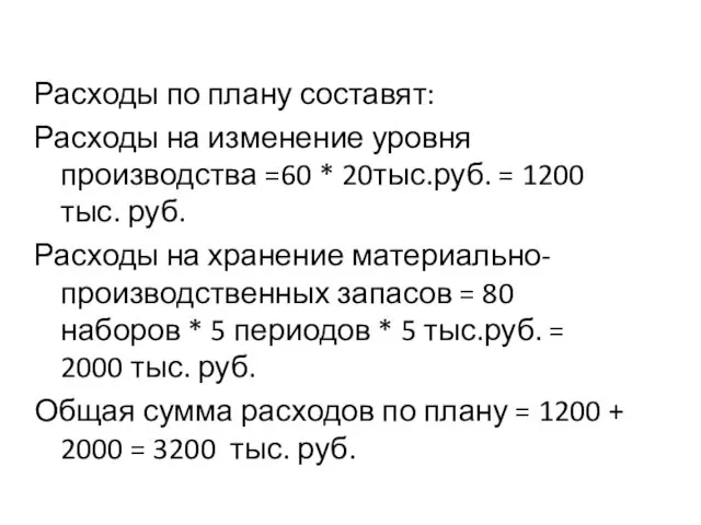 Расходы по плану составят: Расходы на изменение уровня производства =60 * 20тыс.руб. =