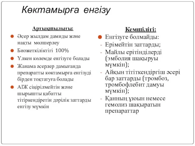 Көктамырға енгізу Артықшылығы: Әсер жылдам дамиды және нақты мөлшерлеу Биожеткіліктігі