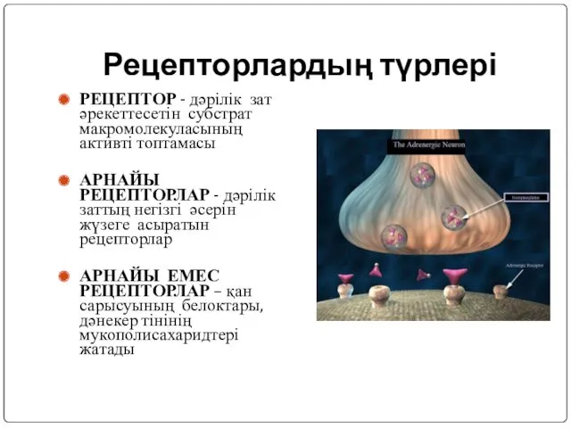 Рецепторлардың түрлері РЕЦЕПТОР - дәрілік зат әрекеттесетін субстрат макромолекуласының активті