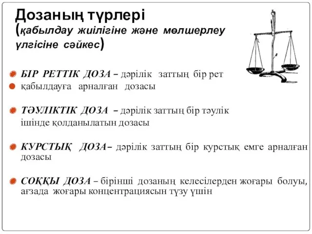 Дозаның түрлері (қабылдау жиілігіне және мөлшерлеу үлгісіне сәйкес) БІР РЕТТІК