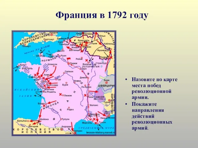 Франция в 1792 году Назовите по карте места побед революционной армии. Покажите направления действий революционных армий.