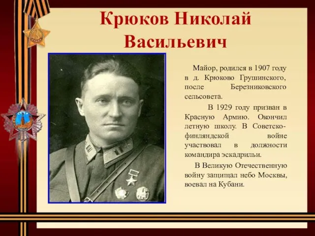 Крюков Николай Васильевич Майор, родился в 1907 году в д.