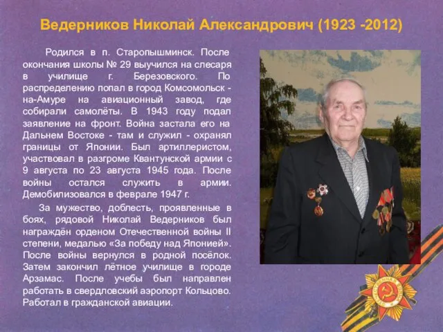 Ведерников Николай Александрович (1923 -2012) Родился в п. Старопышминск. После