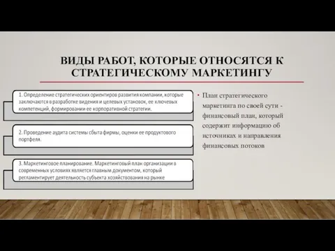 ВИДЫ РАБОТ, КОТОРЫЕ ОТНОСЯТСЯ К СТРАТЕГИЧЕСКОМУ МАРКЕТИНГУ План стратегического маркетинга