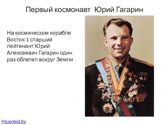 Первый космонавт Юрий Гагарин На космическом корабле Восток-1 старший лейтенант