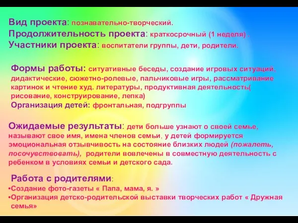 Вид проекта: познавательно-творческий. Продолжительность проекта: краткосрочный (1 неделя) . Участники