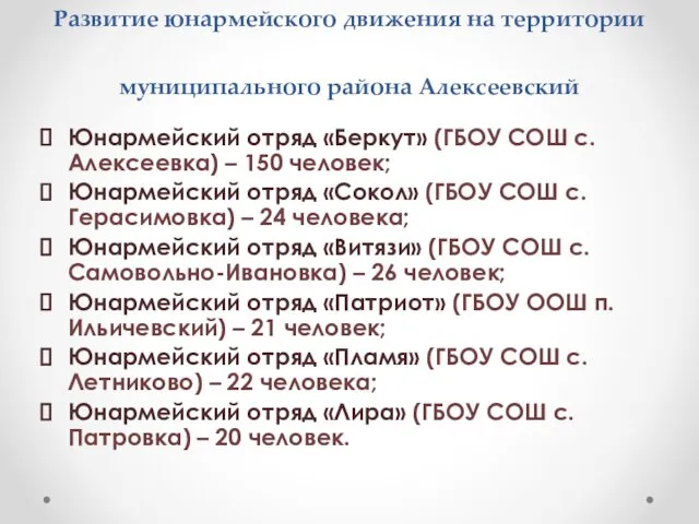 Развитие юнармейского движения на территории муниципального района Алексеевский Юнармейский отряд