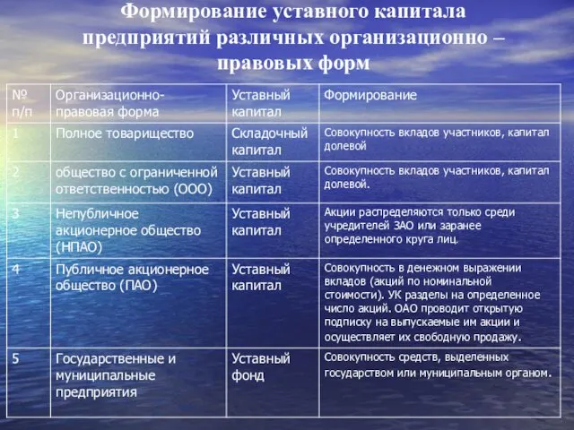 Формирование уставного капитала предприятий различных организационно – правовых форм