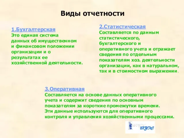 Виды отчетности 1.Бухгалтерская Это единая система данных об имущественном и