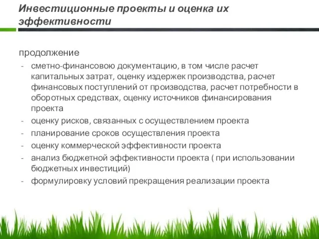 Инвестиционные проекты и оценка их эффективности продолжение сметно-финансовою документацию, в