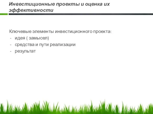 Инвестиционные проекты и оценка их эффективности Ключевые элементы инвестиционного проекта: