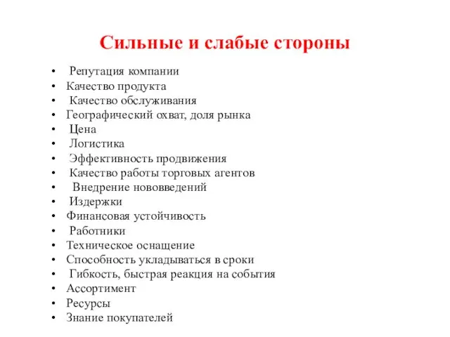 Сильные и слабые стороны Репутация компании Качество продукта Качество обслуживания