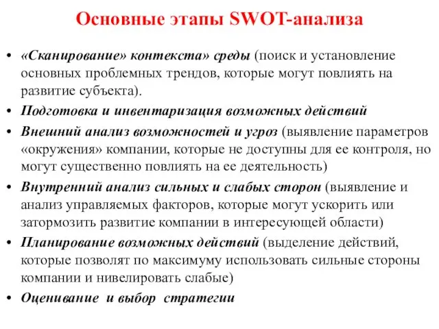 Основные этапы SWOT-анализа «Сканирование» контекста» среды (поиск и установление основных