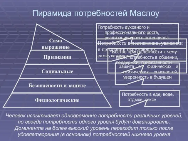 Пирамида потребностей Маслоу Потребность в еде, воде, отдыхе, сексе Защита от физических и