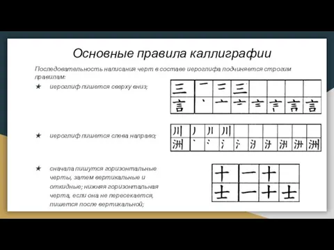 Основные правила каллиграфии иероглиф пишется сверху вниз; иероглиф пишется слева