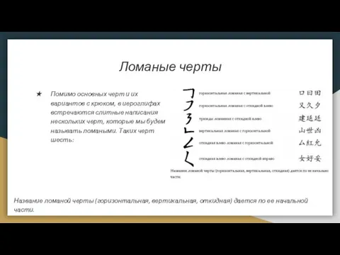 Ломаные черты Помимо основных черт и их вариантов с крюком,