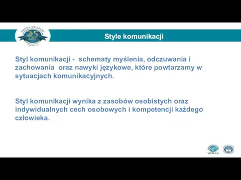 Style komunikacji Styl komunikacji - schematy myślenia, odczuwania i zachowania