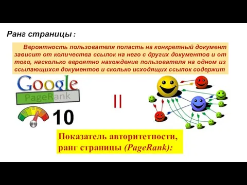 Ранг страницы : Вероятность пользователя попасть на конкретный документ зависит