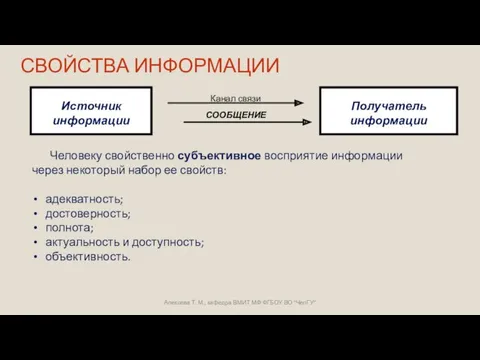 СВОЙСТВА ИНФОРМАЦИИ Человеку свойственно субъективное восприятие информации через некоторый набор