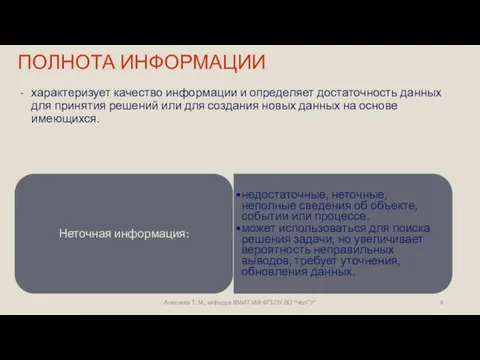 ПОЛНОТА ИНФОРМАЦИИ характеризует качество информации и определяет достаточность данных для