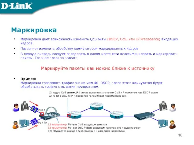 Маркировка Маркировка даёт возможность изменить QoS биты (DSCP, CoS, или