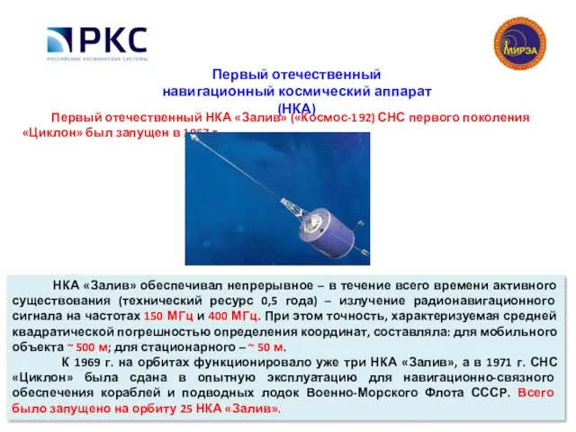 Первый отечественный навигационный космический аппарат (НКА) Первый отечественный НКА «Залив» («Космос-192) СНС первого