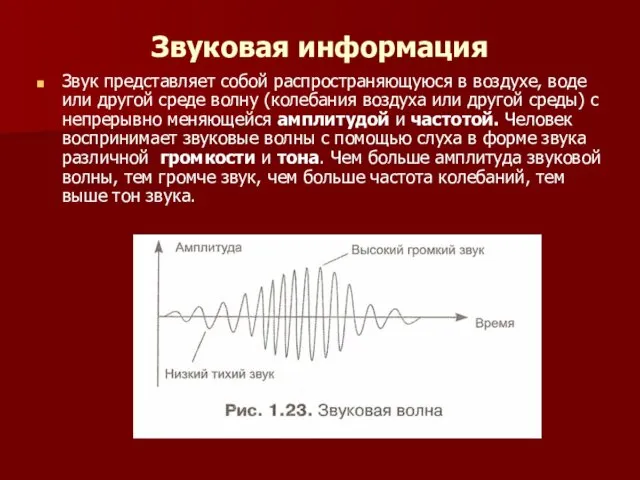 Звуковая информация Звук представляет собой распространяющуюся в воздухе, воде или другой среде волну