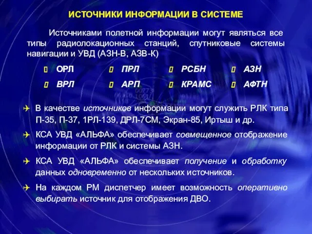 ИСТОЧНИКИ ИНФОРМАЦИИ В СИСТЕМЕ Источниками полетной информации могут являться все