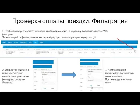 Проверка оплаты поездки. Фильтрация 1. Чтобы проверить оплату поездки, необходимо