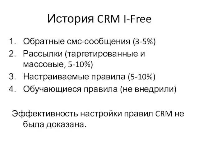 История CRM I-Free Обратные смс-сообщения (3-5%) Рассылки (таргетированные и массовые, 5-10%) Настраиваемые правила