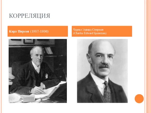 КОРРЕЛЯЦИЯ Карл Пирсон (1857-1936) Чарльз Эдвард Спирмен (Charles Edward Spearman)