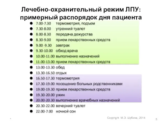 Лечебно-охранительный режим ЛПУ: примерный распорядок дня пациента 7.00-7.30 термометрия, подъем