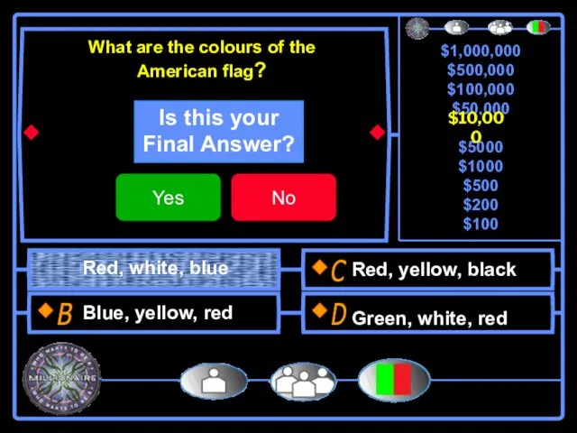What are the colours of the American flag? Red, white,
