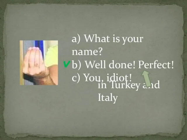 a) What is your name? b) Well done! Perfect! c) You, idiot! in Turkey and Italy