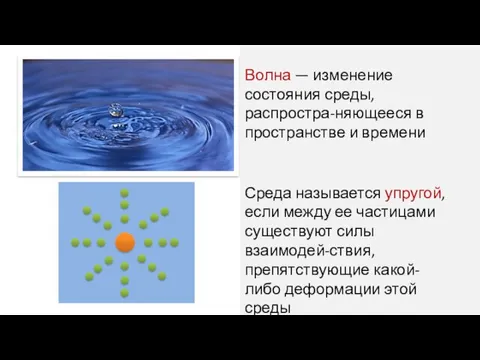 Волна — изменение состояния среды, распростра-няющееся в пространстве и времени