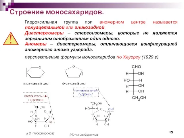Строение моносахаридов. Гидроксильная группа при аномерном центре называется полуацетальной или