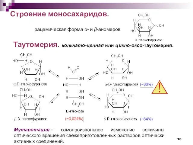 рацемическая форма α- и β-аномеров Строение моносахаридов. Таутомерия. кольчато-цепная или
