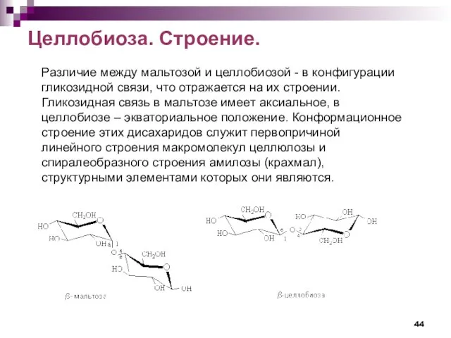 Целлобиоза. Строение. Различие между мальтозой и целлобиозой - в конфигурации