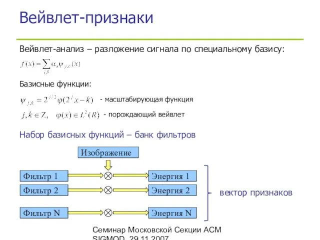 Семинар Московской Секции ACM SIGMOD, 29.11.2007 Вейвлет-признаки Вейвлет-анализ – разложение