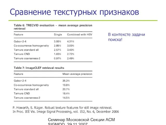 Семинар Московской Секции ACM SIGMOD, 29.11.2007 Сравнение текстурных признаков P.