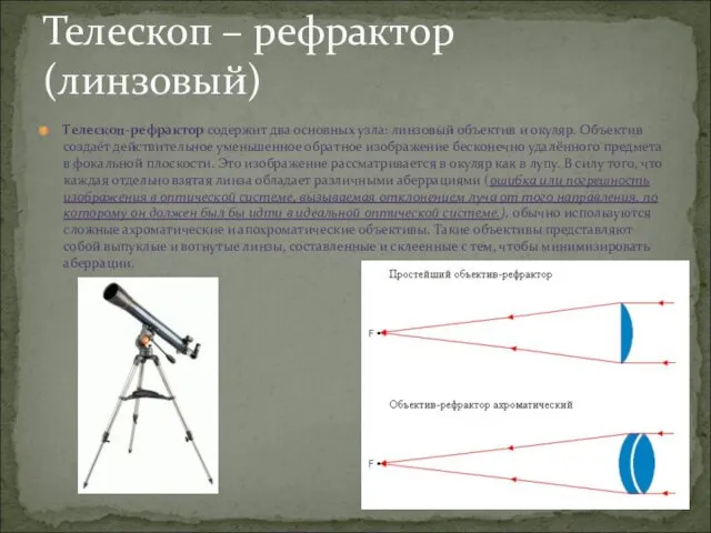 Телескоп-рефрактор содержит два основных узла: линзовый объектив и окуляр. Объектив